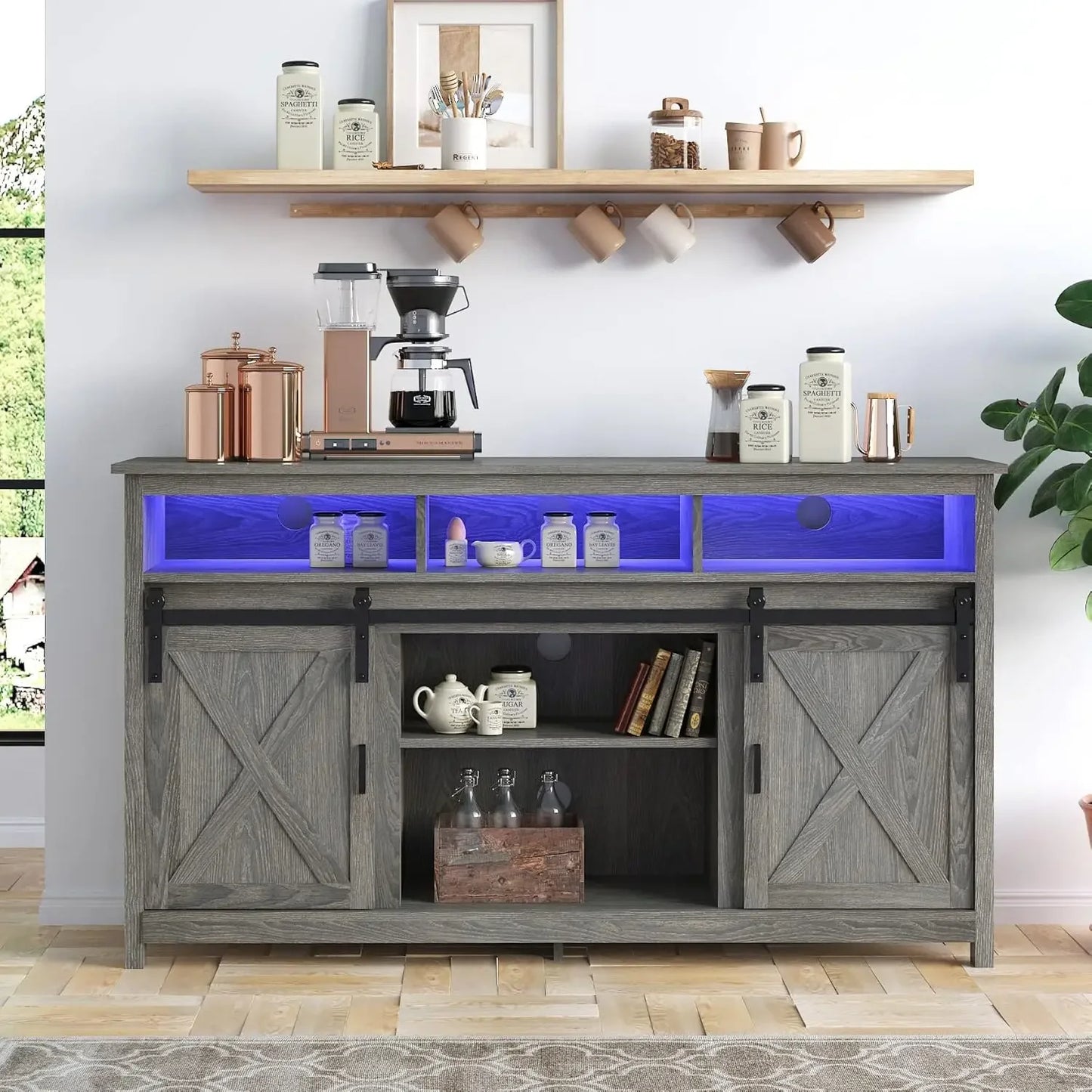 65 inch TVs, Rustic Entertainment Center TV Cabinet Stands with Power Outlets,Shelves Wash Grey