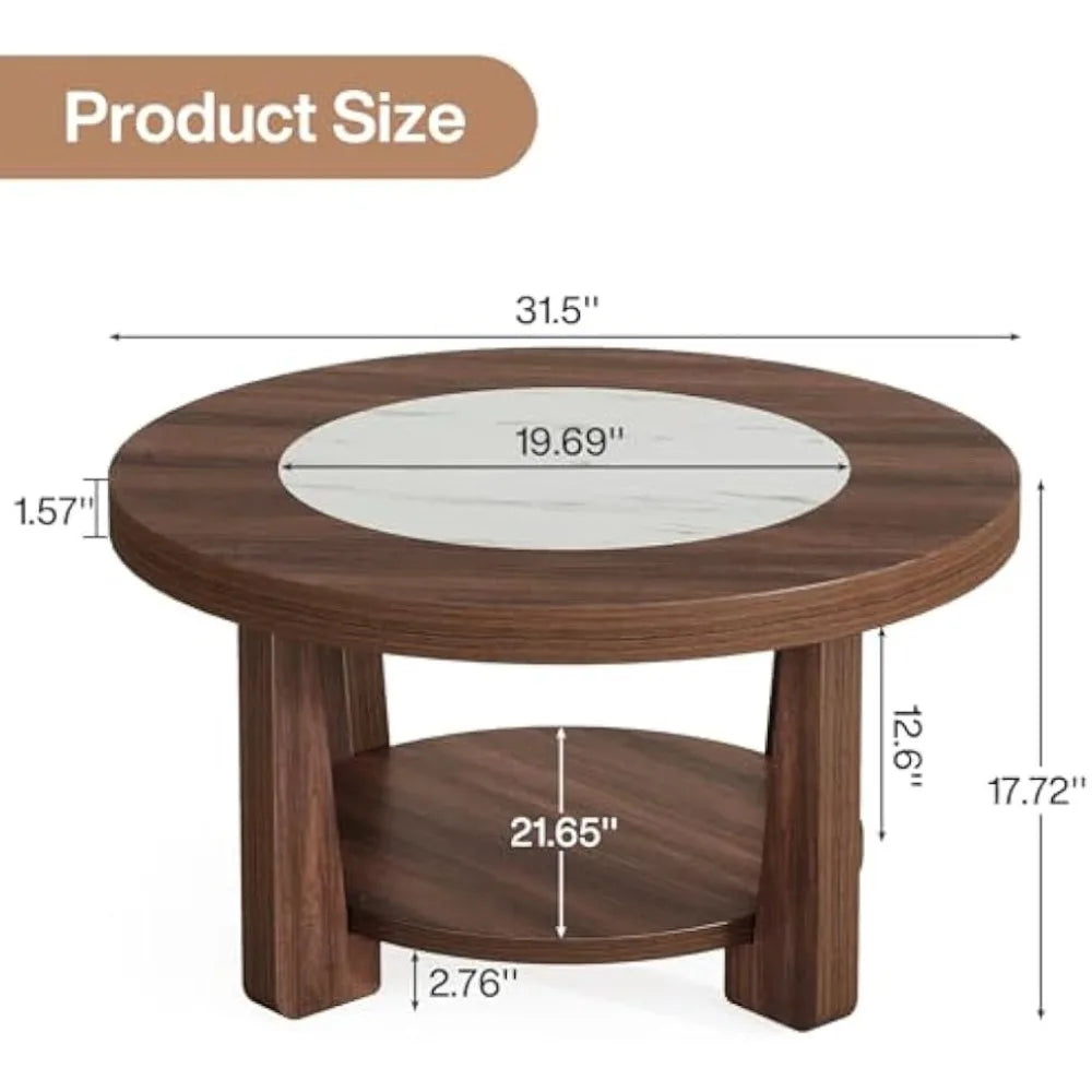 Coffee Table, 2-Tier Round Coffee Table with Heavy-Duty Wood