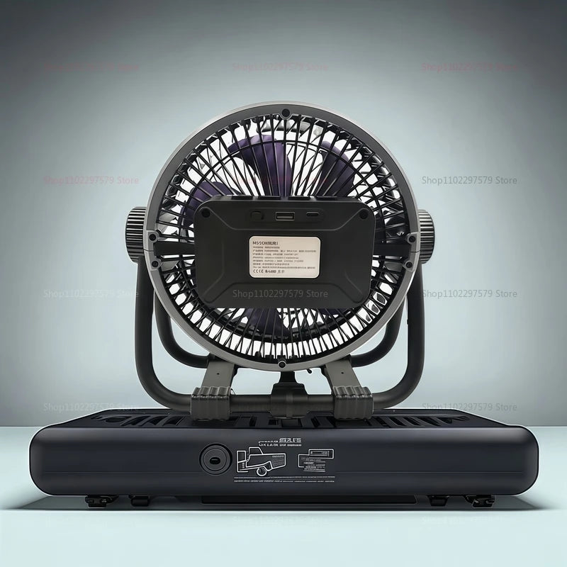 6-in-1 camping fan 20000mAh rechargeable battery portable outdoor fan 4-speed air circulator with hook LED light for camping