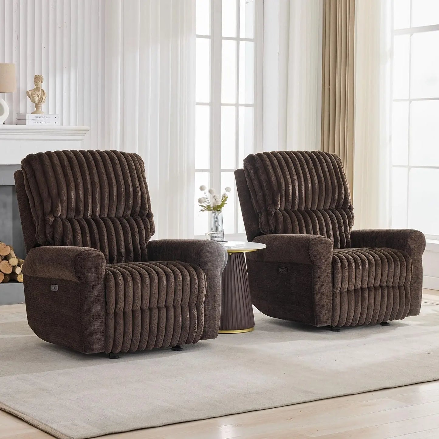 Power Glider Recliner Chair, Faux Fur Reclining Rocking Chair, Single Power Rocker Chair with USB Port, Type-C,