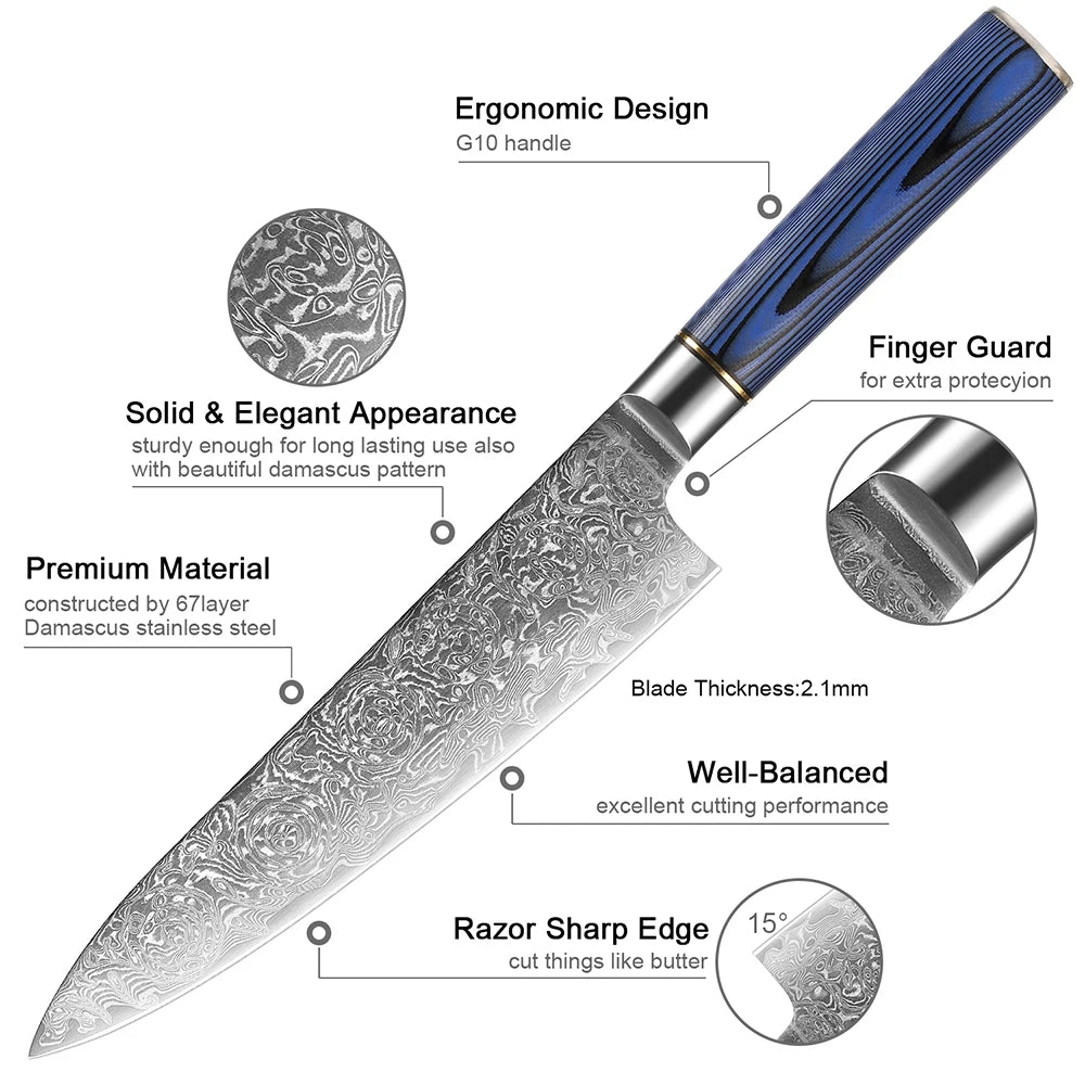 Super Sharp 1-7Piece Damascus Kitchen Knife Set 67-Layer Japanese VG10 Steel Chef's Cleaver Knife Bread Santoku Boning Knife