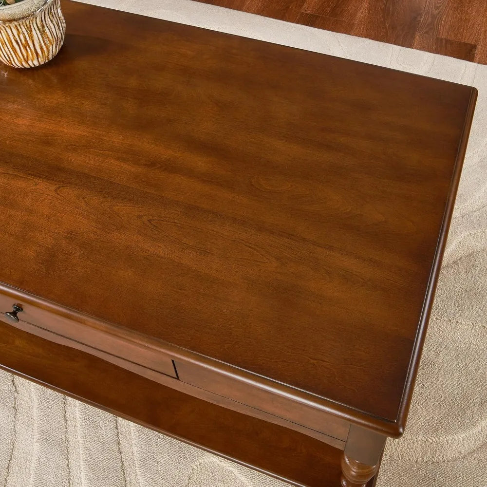 Rectangular Coffee Table with 2 Storage Drawers, Mid-century Solid Wood Living Room Table