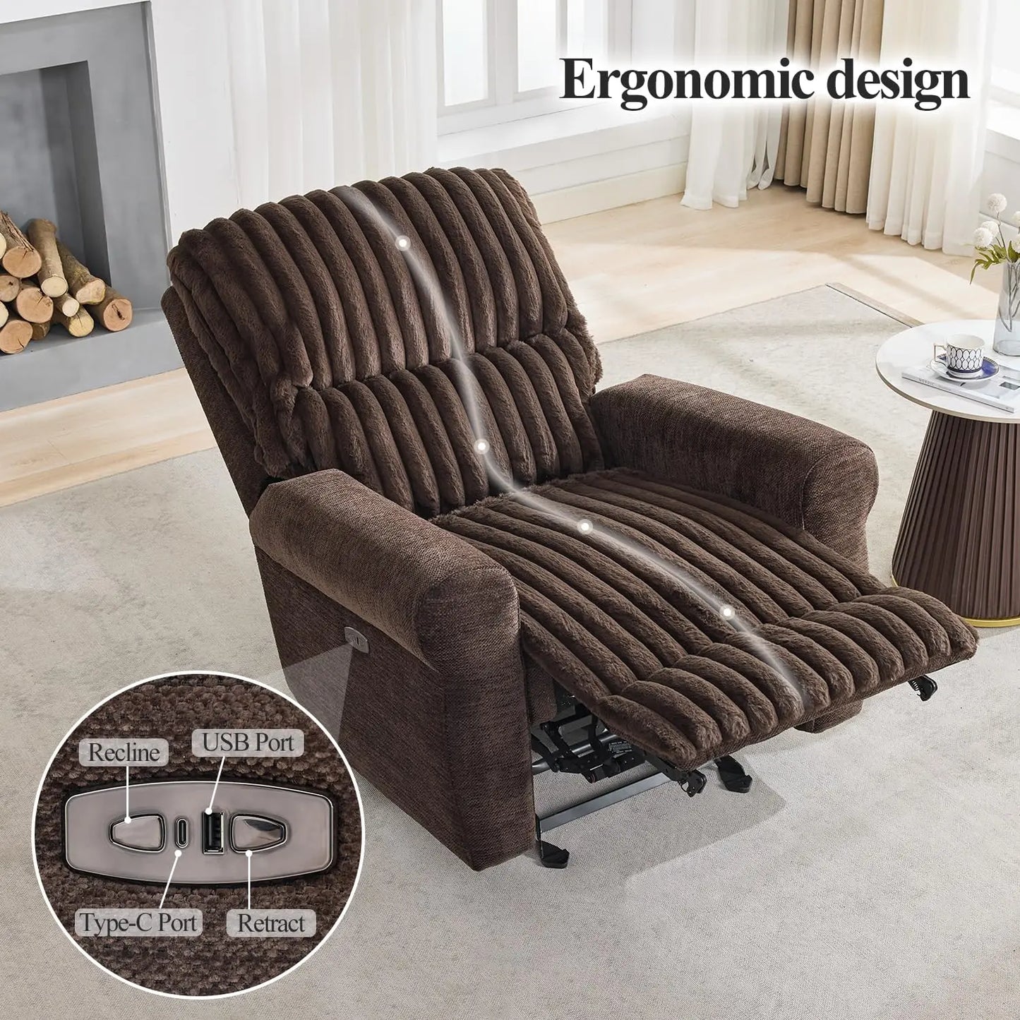 Power Glider Recliner Chair, Faux Fur Reclining Rocking Chair, Single Power Rocker Chair with USB Port, Type-C,