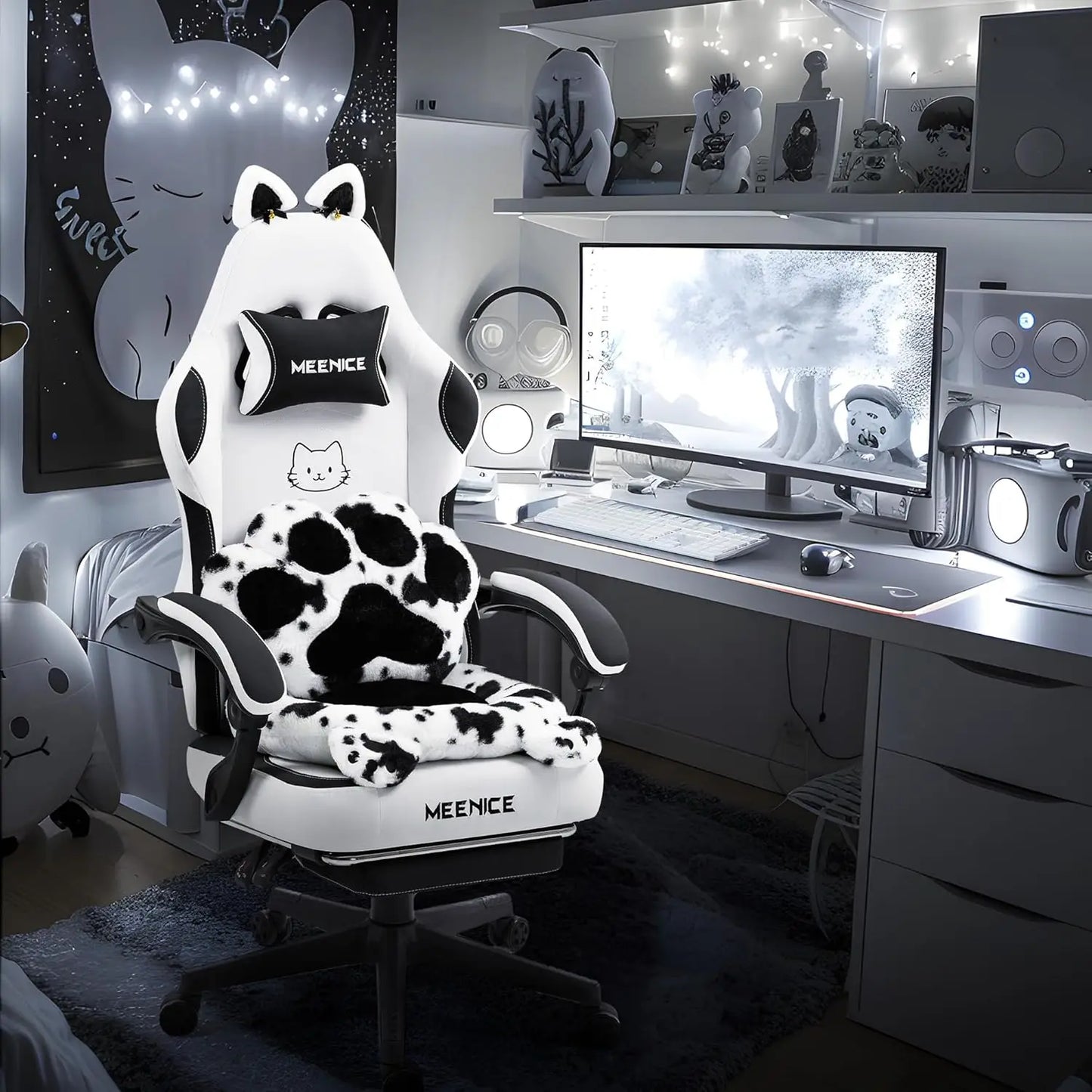 Pink Gaming Chair with Cat Ears and Paw Lumbar Cushion Ergonomic Computer Chair with Footrest Reclining PC Game Chair for Adults and Girls