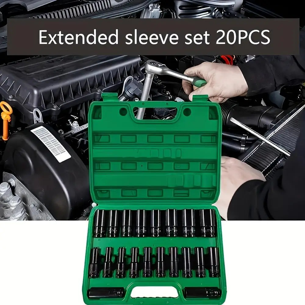 Heavy Duty 1/2 inch Drive Hex Sleeve Set - 20-Piece, 8-32mm Black Finish