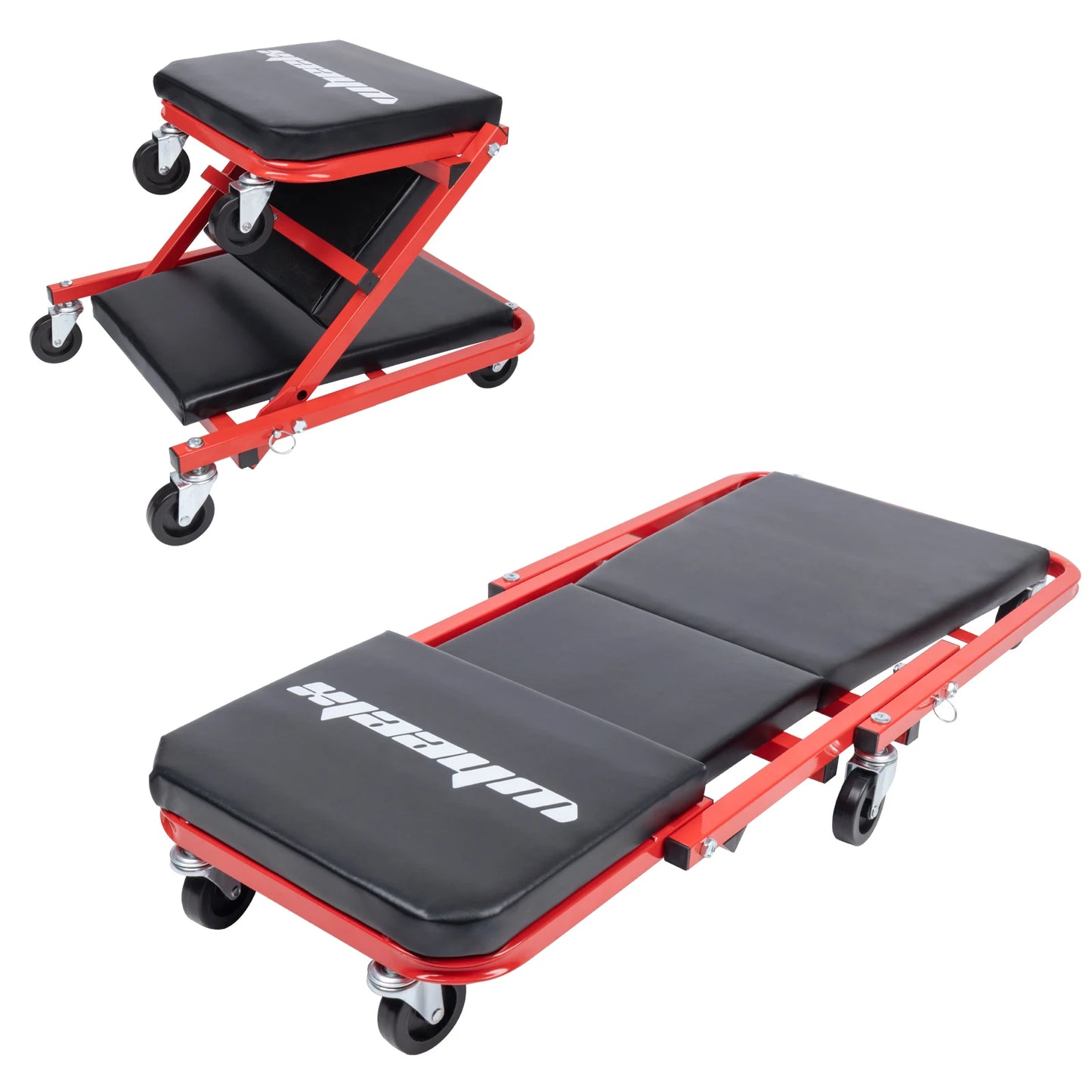 3 in 1 Rolling Mechanic Creeper Z Seat Foldable Garage Chair Lay Down Sit Lean Back Under Car Shop Auto Repair Red Black