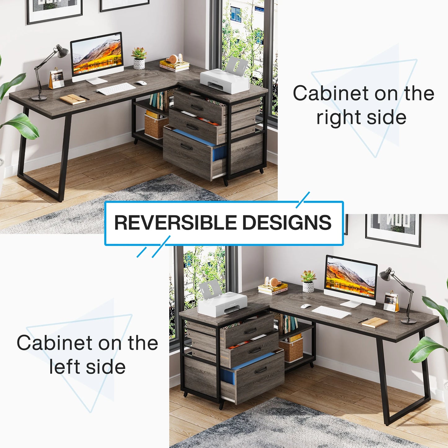 L-Shaped Computer Desk with 3 Reversable Side Drawers