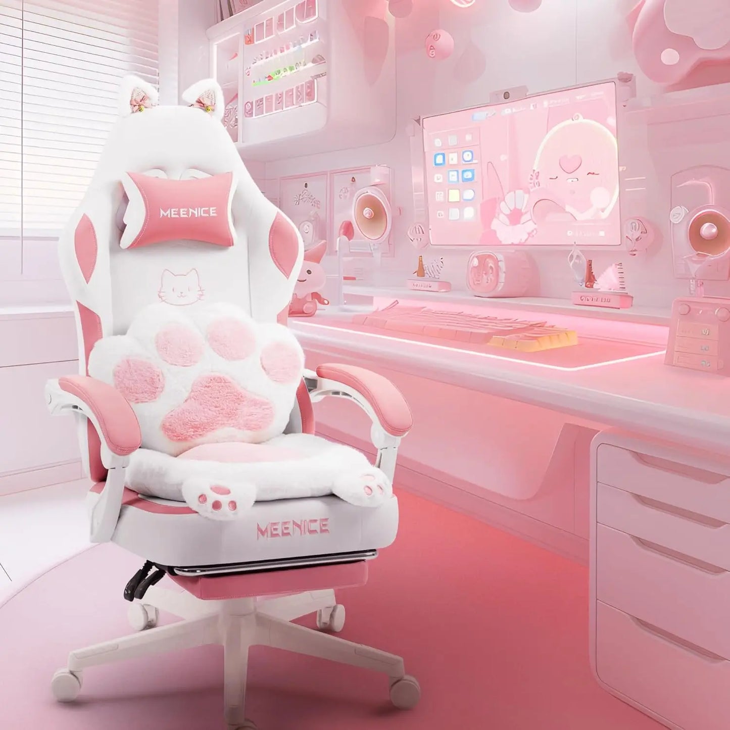 Pink Gaming Chair with Cat Ears and Paw Lumbar Cushion Ergonomic Computer Chair with Footrest Reclining PC Game Chair for Adults and Girls