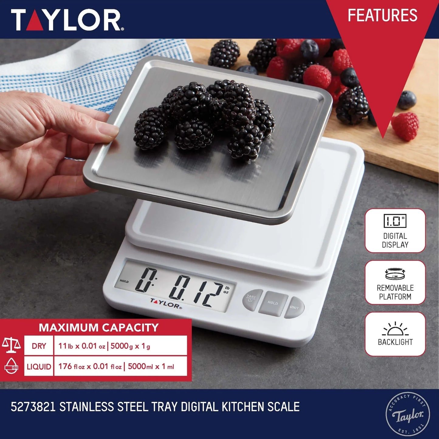 11lb Digital Kitchen Scale and Food Scale with Removable Stainless Steel Tray Cooking, Baking, Meal Prepping White