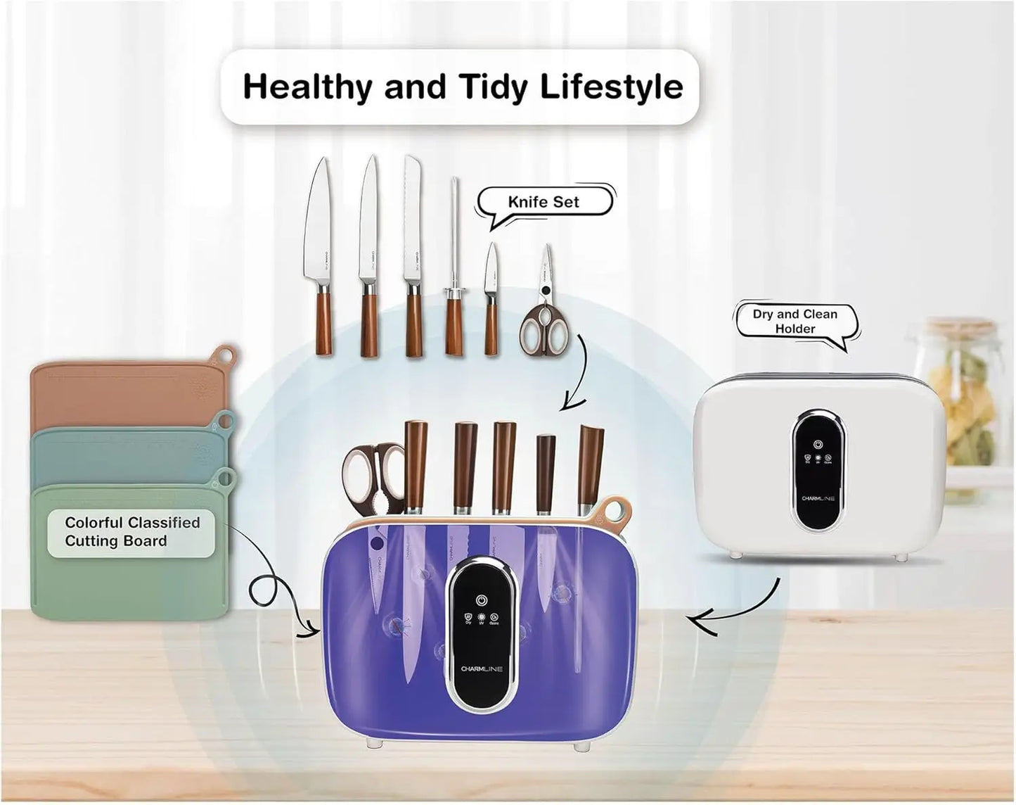 Smart Cutting Board and Knife Set with Holder, Double Cleaning and Drying Function,
