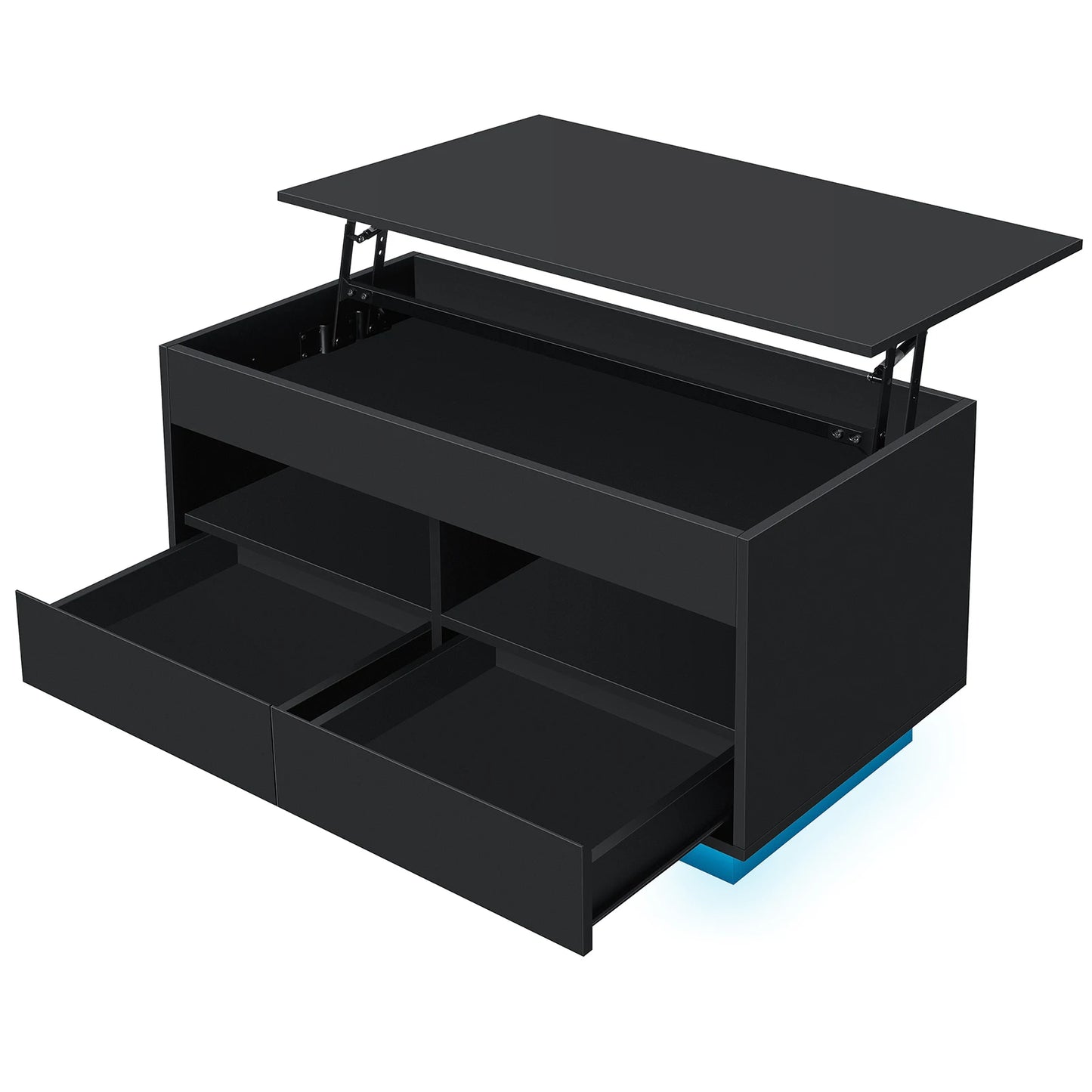 LED Lift Top Coffee Table with RGB Lights 2 Drawers USB Power Versatile Storage Compartment Adjustable Height Living Room Table