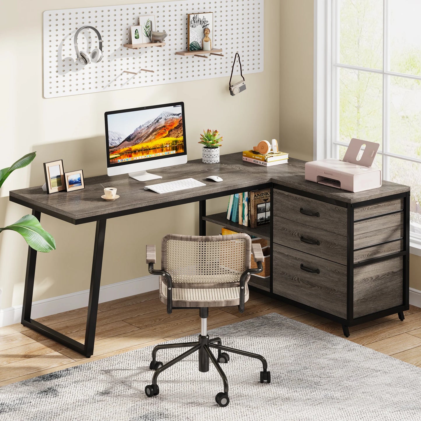 L-Shaped Computer Desk with 3 Reversable Side Drawers