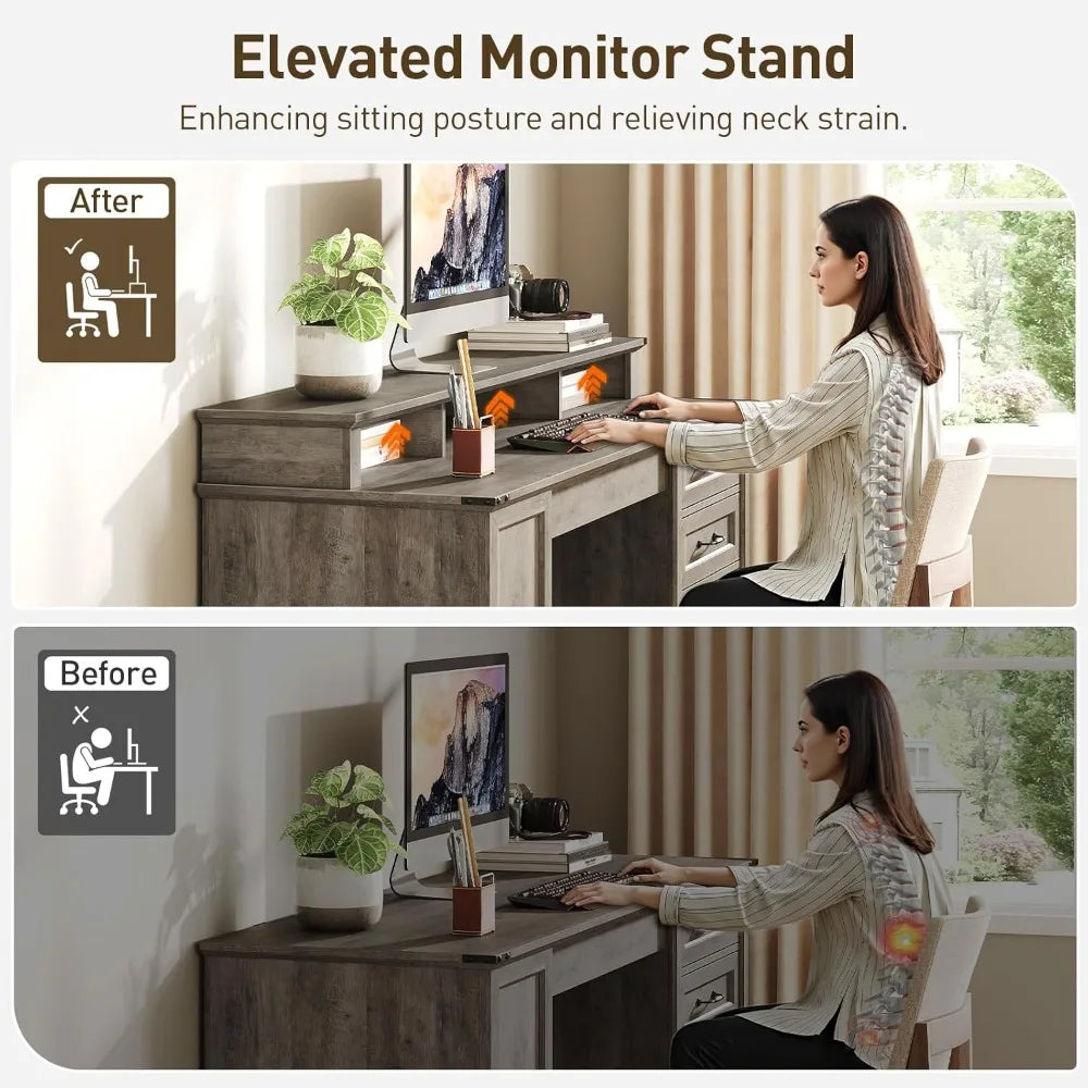 ANGDUO Farmhouse Executive Desk With Drawers And File Cabinet