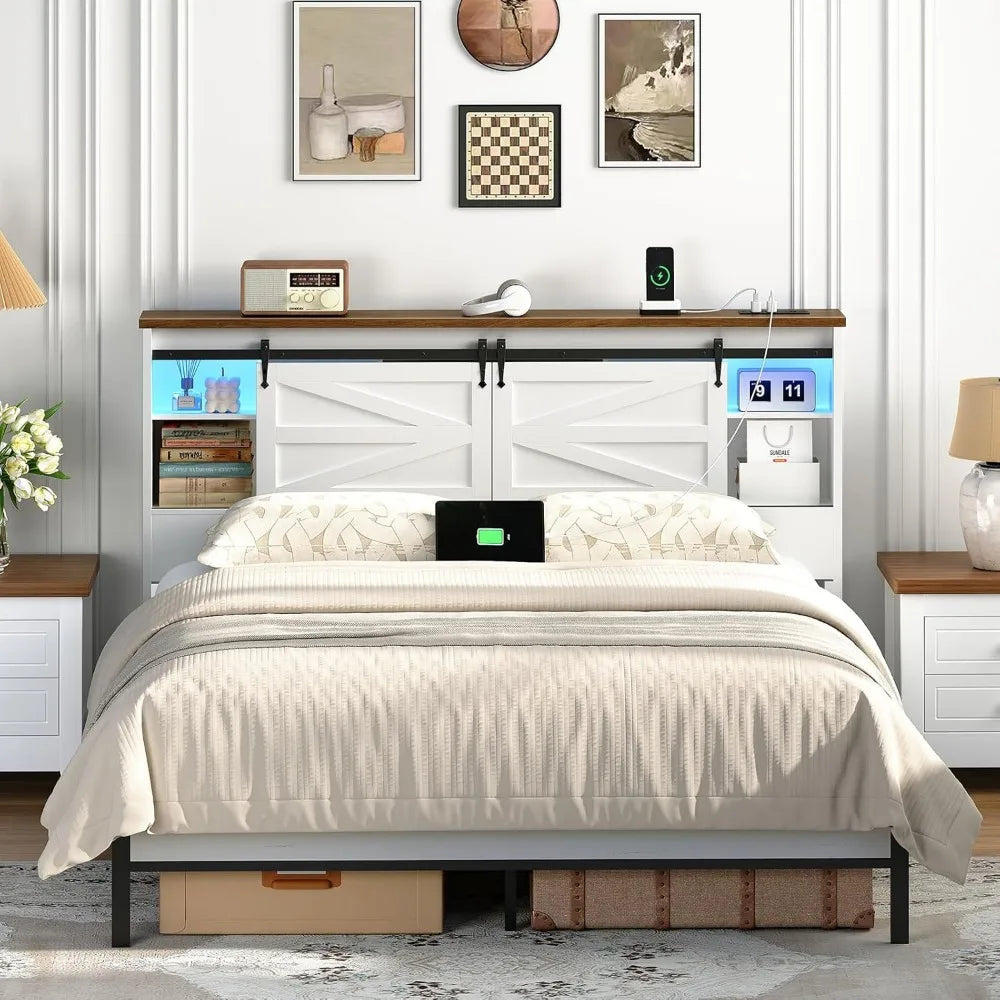 Hoobro Queen Headboard with Storage Shelf and Charging Station featuring LED Lights and Bookcase Design