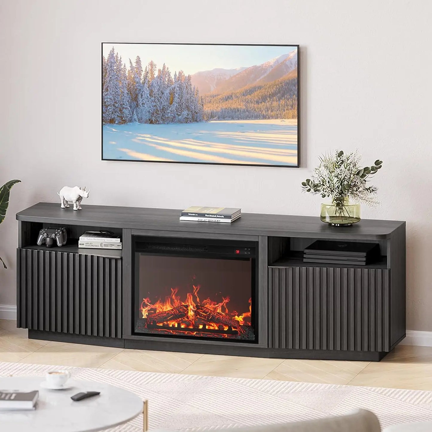 Tv Stand, Fluted Stand with 23" Electric Fireplace Heater with Sound, 68" Entertainment Center for TV Up To 75", Tv Stand