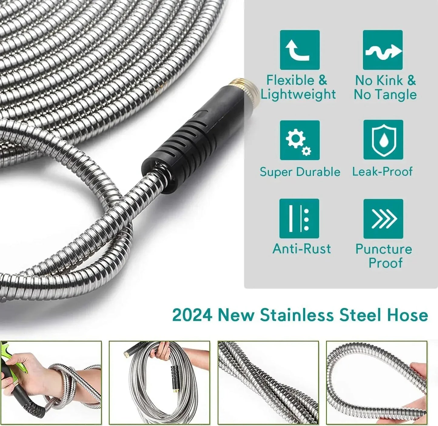 75ft Stainless Steel Garden Hose Metal Water Hose Patio Outdoor RV Car Wash Hose Watering Gun Hose Gardening Accessories