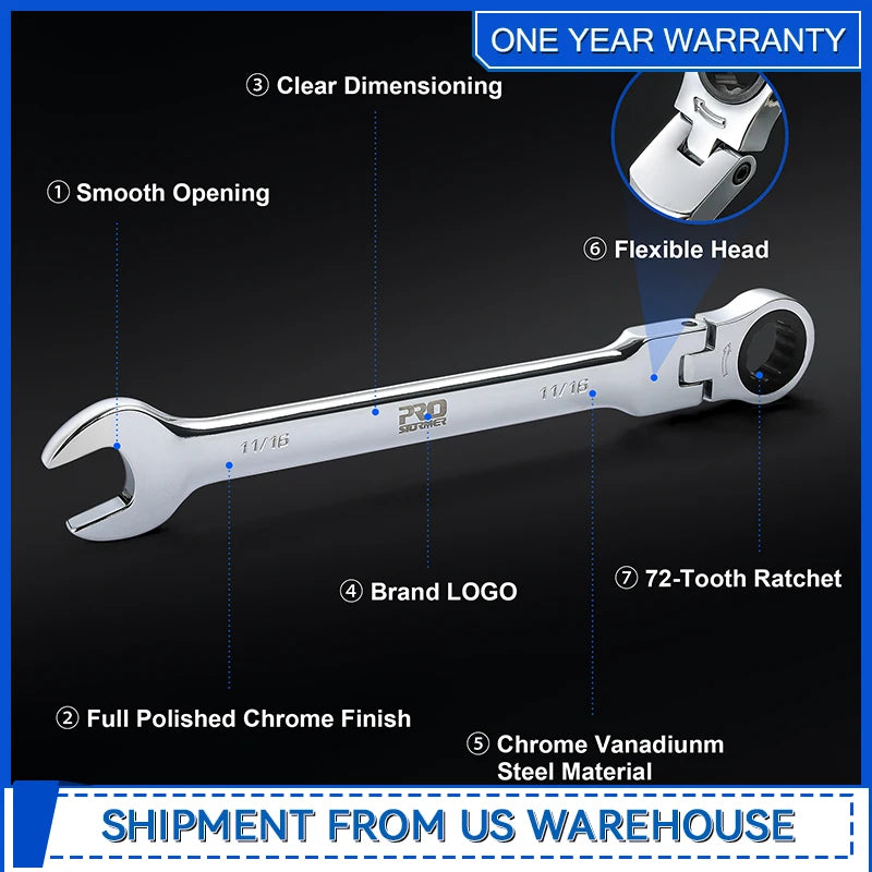 14-Piece SAE Flex-Head Ratcheting Wrench Set 1/4 to 1 with Storage Case 72 Tooth Cr-V Steel Constructed By Prostormer