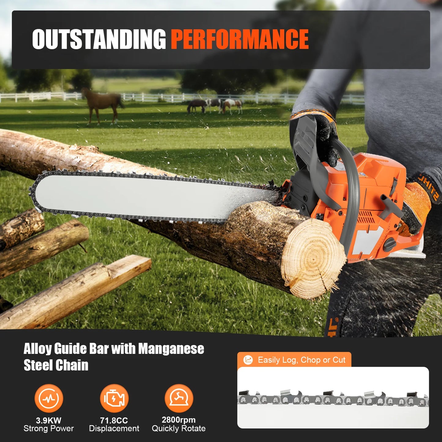 24 Inch Gas Chainsaw 72CC 3900W 2-Stroke Handheld Cordless Orange Chain Saws for Wood Cut