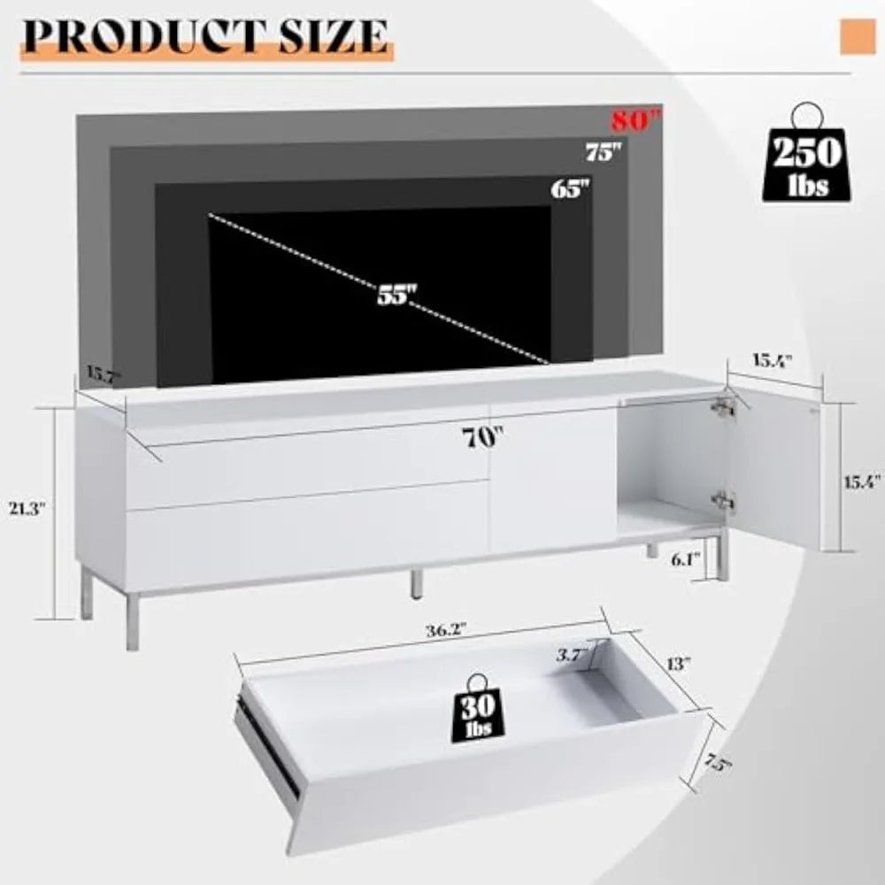 70in LED TV Stand for TVs up to 80", Modern High Gloss Entertainment Center with Storage Drawer and Cabinet, TV Console Table w