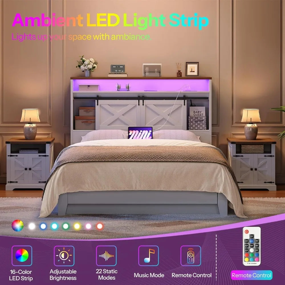 Queen Size Farmhouse Headboard with Storage Shelf Charging Station and LED Lights