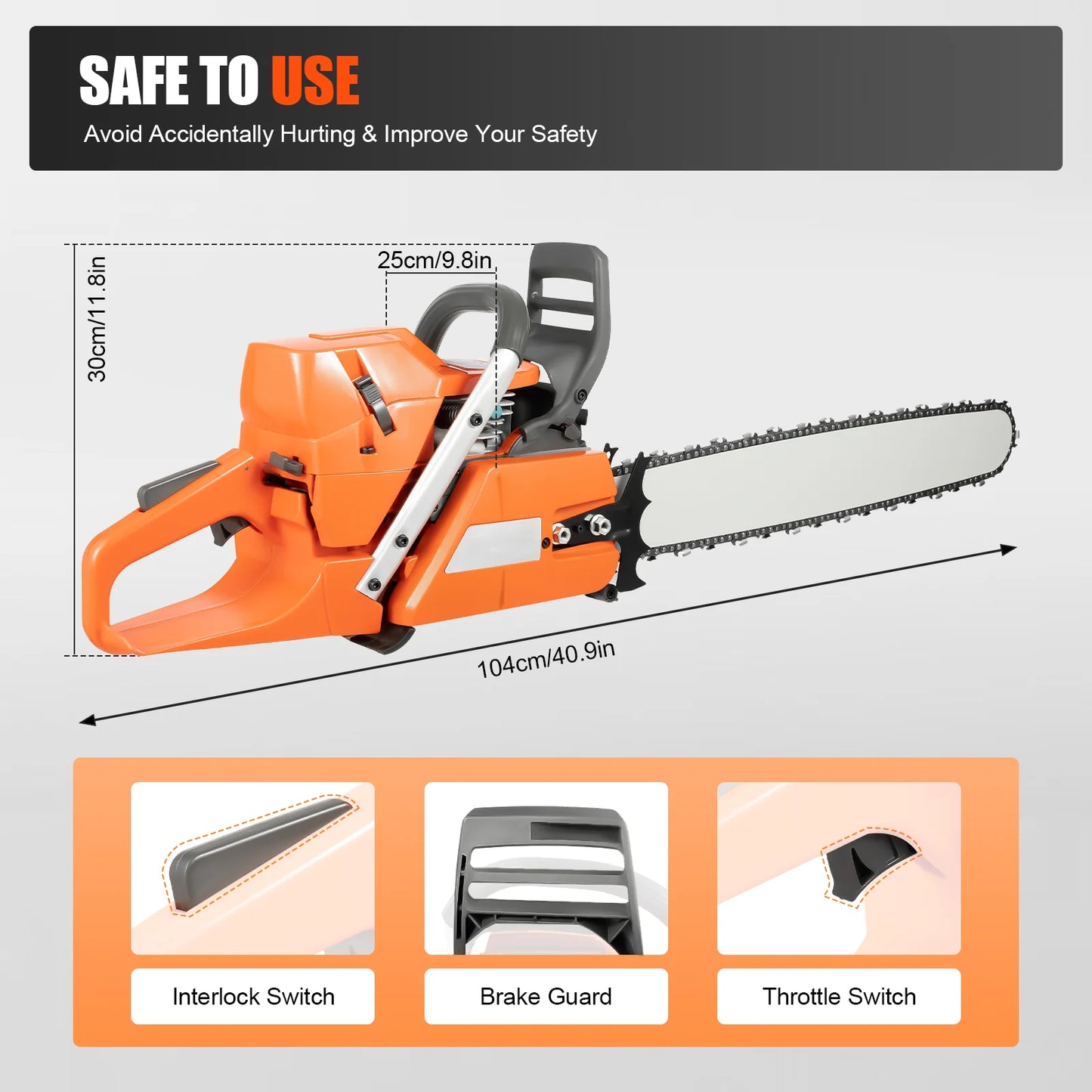 24 Inch Gas Chainsaw 72CC 3900W 2-Stroke Handheld Cordless Orange Chain Saws for Wood Cut