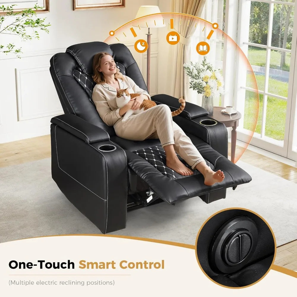 Recliner Chair, Electric Soft Leather Reclining Home Theater Seating - USB Ports, Cup Holders, Hidden Arm Storag