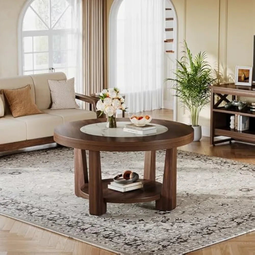 Coffee Table, 2-Tier Round Coffee Table with Heavy-Duty Wood