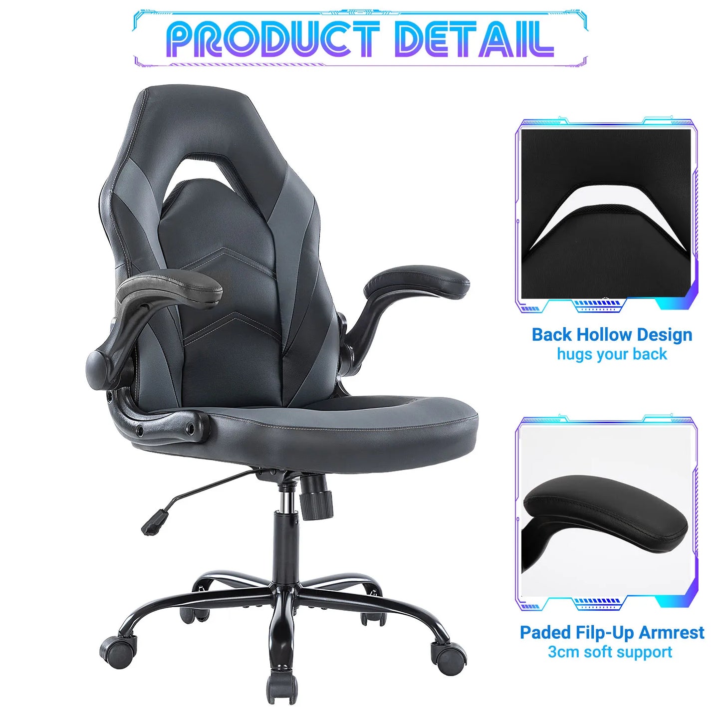 JHK Ergonomic Office Gaming Desk Chair Adjustable PU Leather Racing Chair with Flip-Up Armrests for Home and Office Use