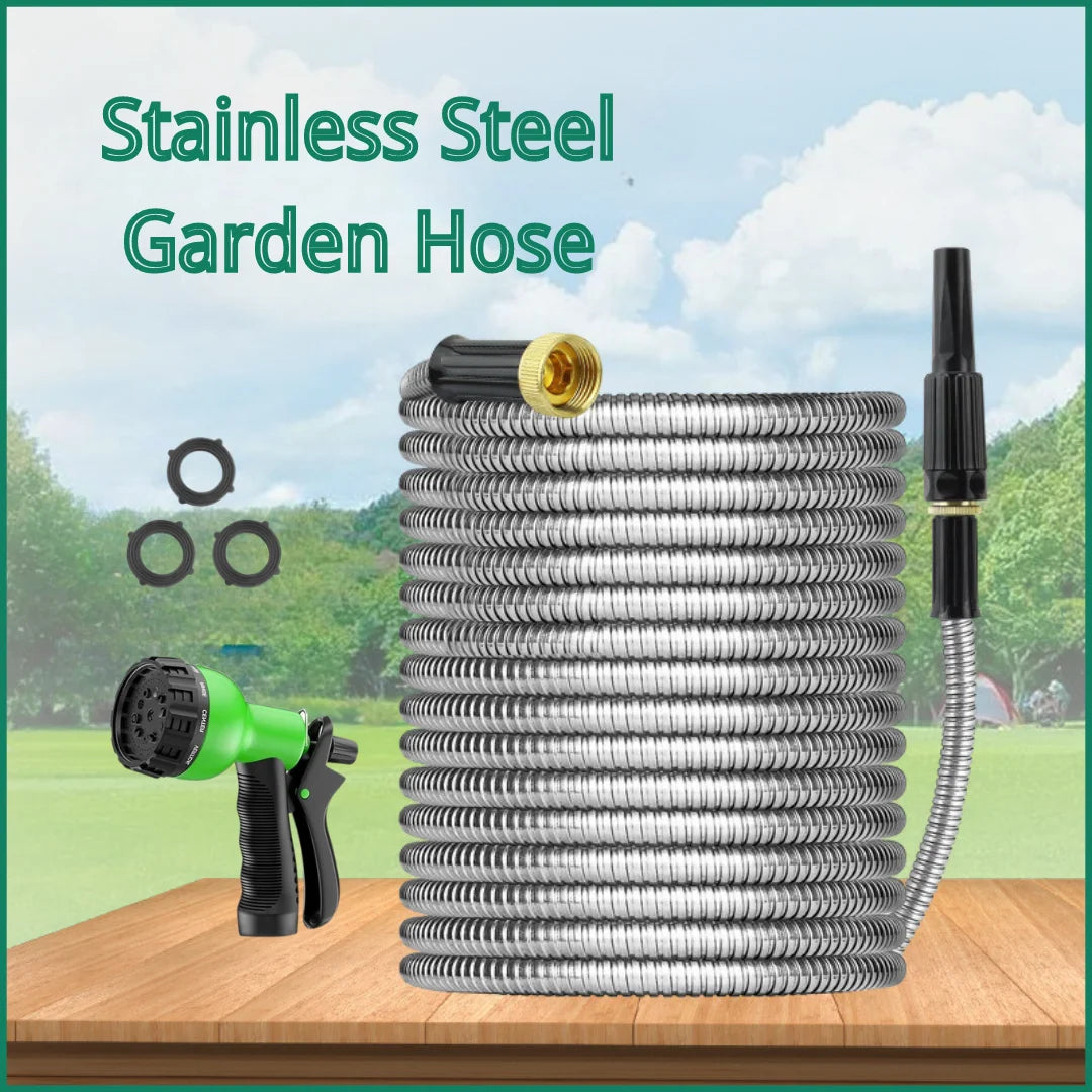 100FT 304 Stainless Steel Garden Hose Metal Heavy Duty Water Hoses with Nozzles for Yard Outdoor Flexible Never Kink & Tangle