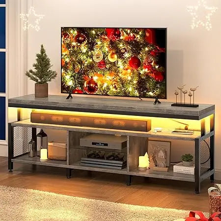 LED Television Stands w/Power Outlets for 70/65 inch, Modern Industrial TV Stand, Entertainment Center w/Open Storage, Entertai