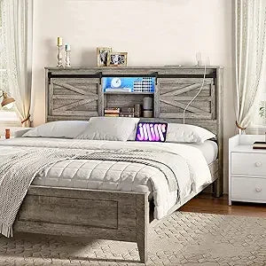Hoobro Queen Headboard with Storage Shelf and Charging Station featuring LED Lights and Bookcase Design