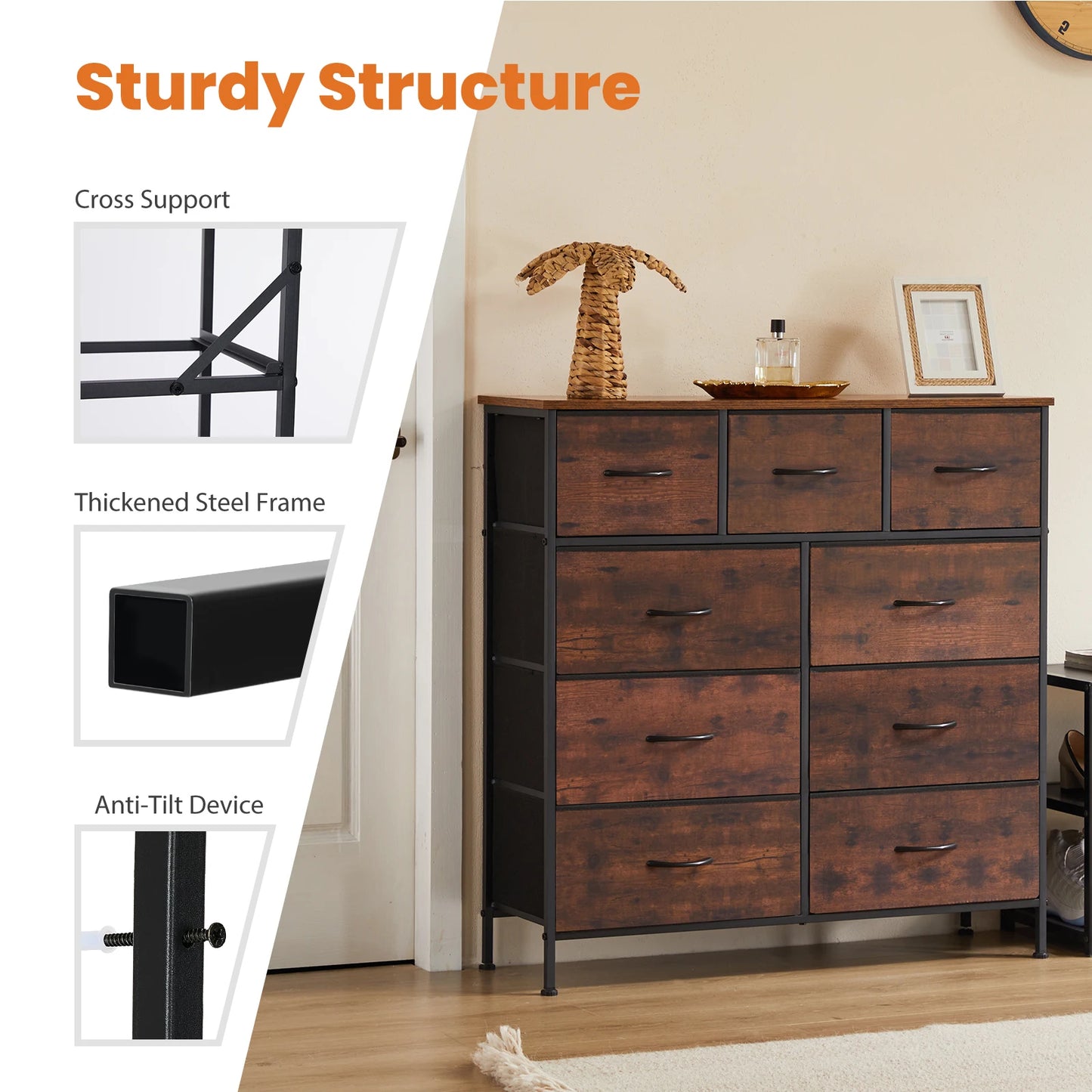 JHK Dresser For Bedroom With 9 Fabric Storage Drawer Wardrobe Tall Chest