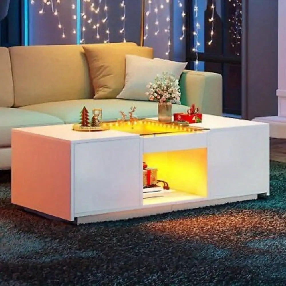 Modern LED Coffee Table with Power Outlets White 2 Drawers Living Room Table
