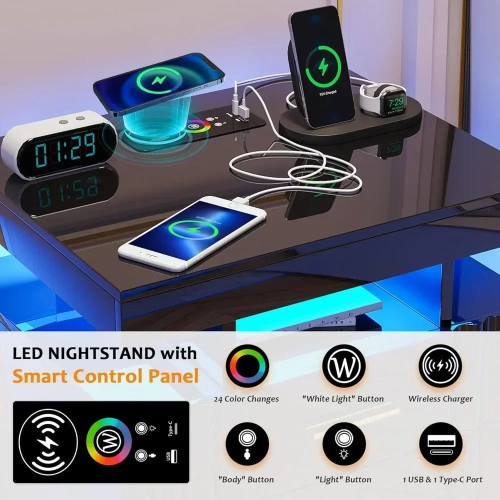 **Smart LED Nightstand Set with Charging Station and Drawers**