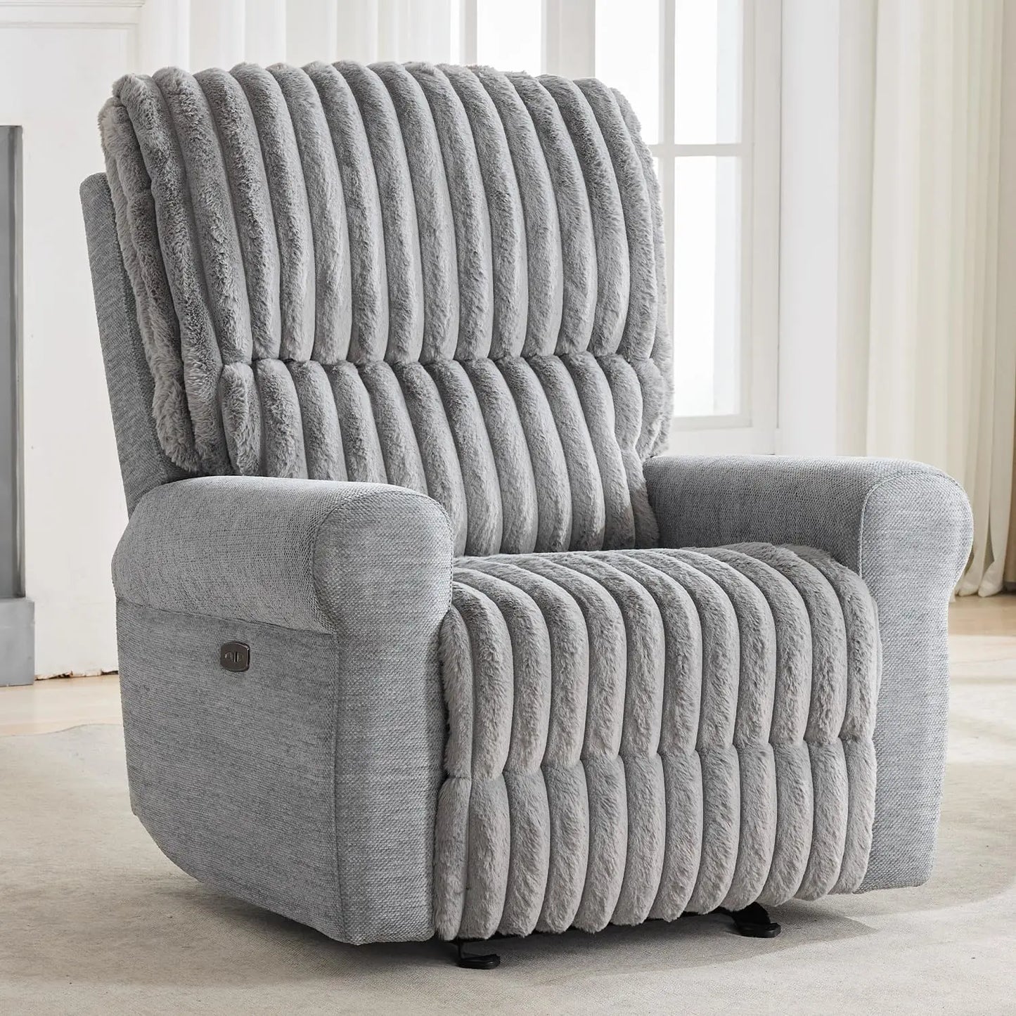 Power Glider Recliner Chair, Faux Fur Reclining Rocking Chair, Single Power Rocker Chair with USB Port, Type-C,