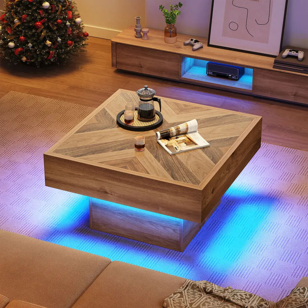 Square LED Coffee Table with 2 Drawers for Modern Living Room
