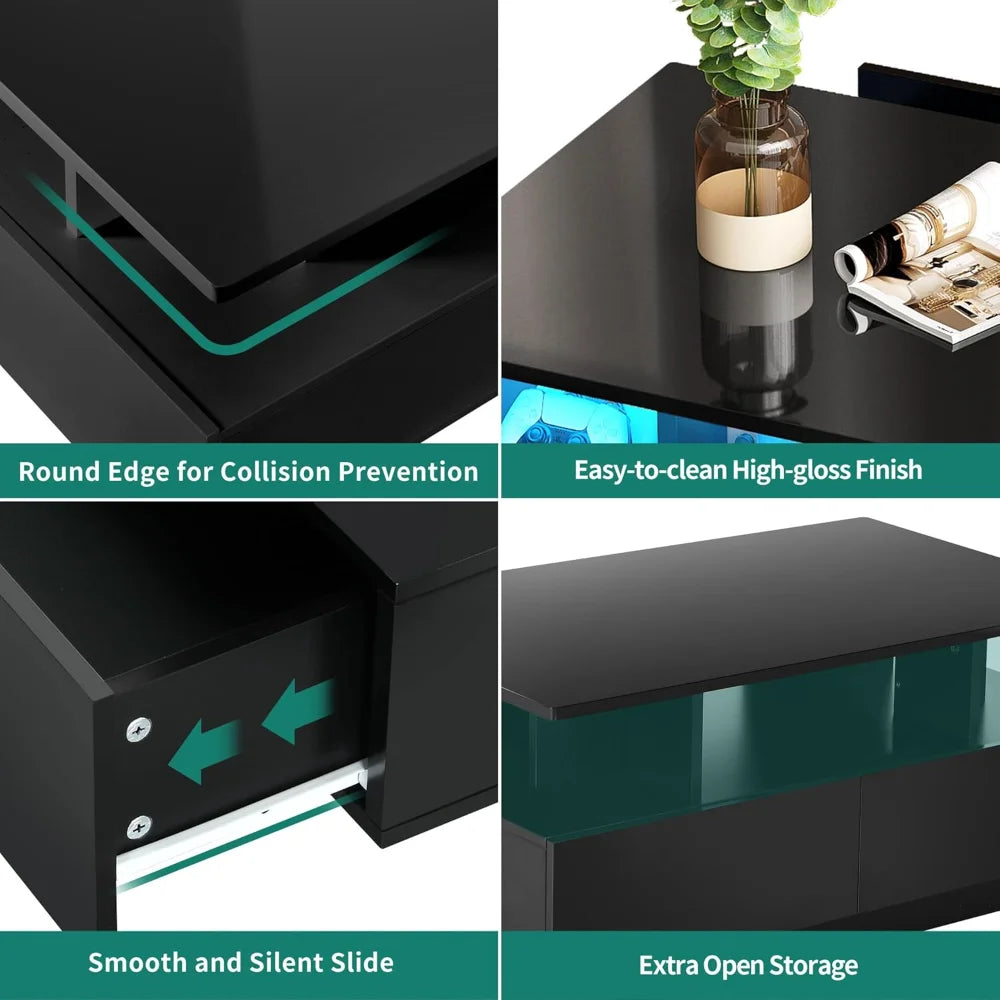 LED Coffee Table with Storage Modern Black Rectangle Table for Living Room High Gloss Finish
