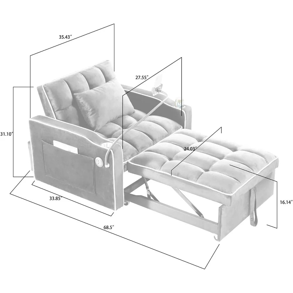 3 in 1 Convertible Sleeper Chair Bed with USB Ports, Cup Holder and Phone Stand, Velvet Pull Out Futon Sofa Beds, Adjustable Bac