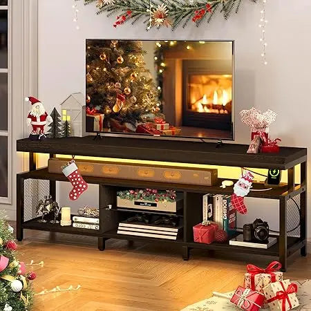 LED Television Stands w/Power Outlets for 70/65 inch, Modern Industrial TV Stand, Entertainment Center w/Open Storage, Entertai