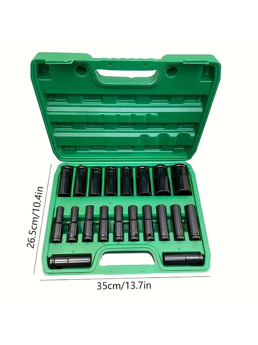 Heavy Duty 1/2 inch Drive Hex Sleeve Set - 20-Piece, 8-32mm Black Finish