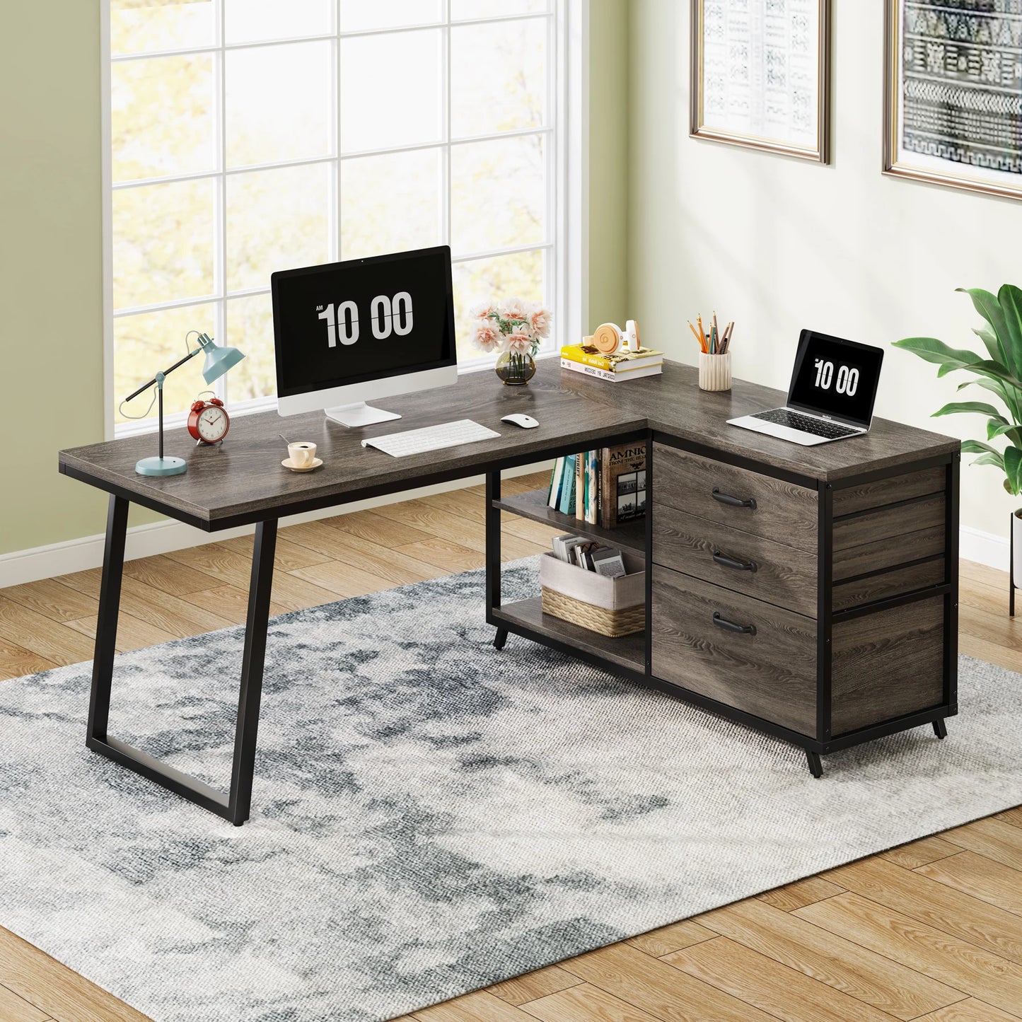 L-Shaped Computer Desk with 3 Reversable Side Drawers