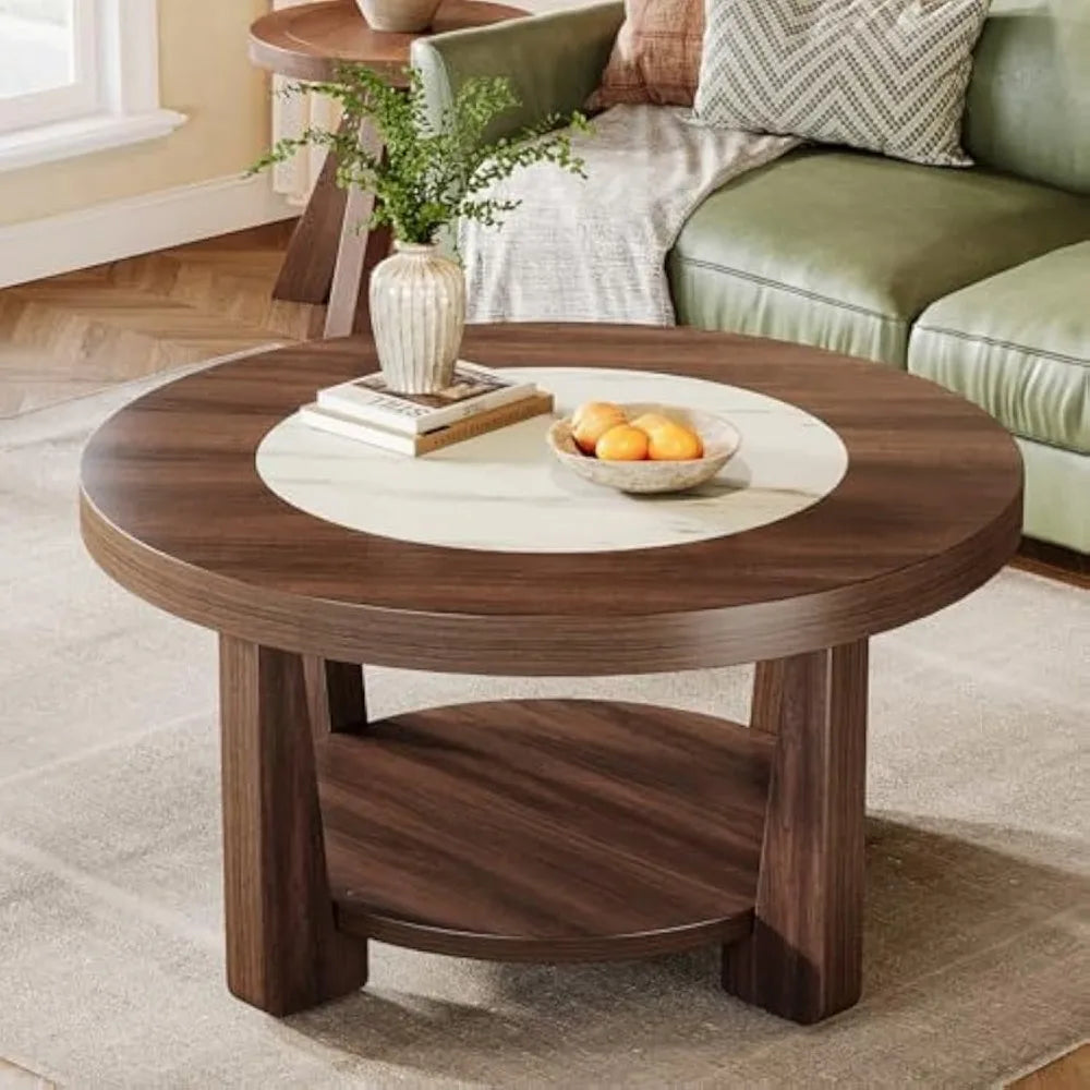Coffee Table, 2-Tier Round Coffee Table with Heavy-Duty Wood