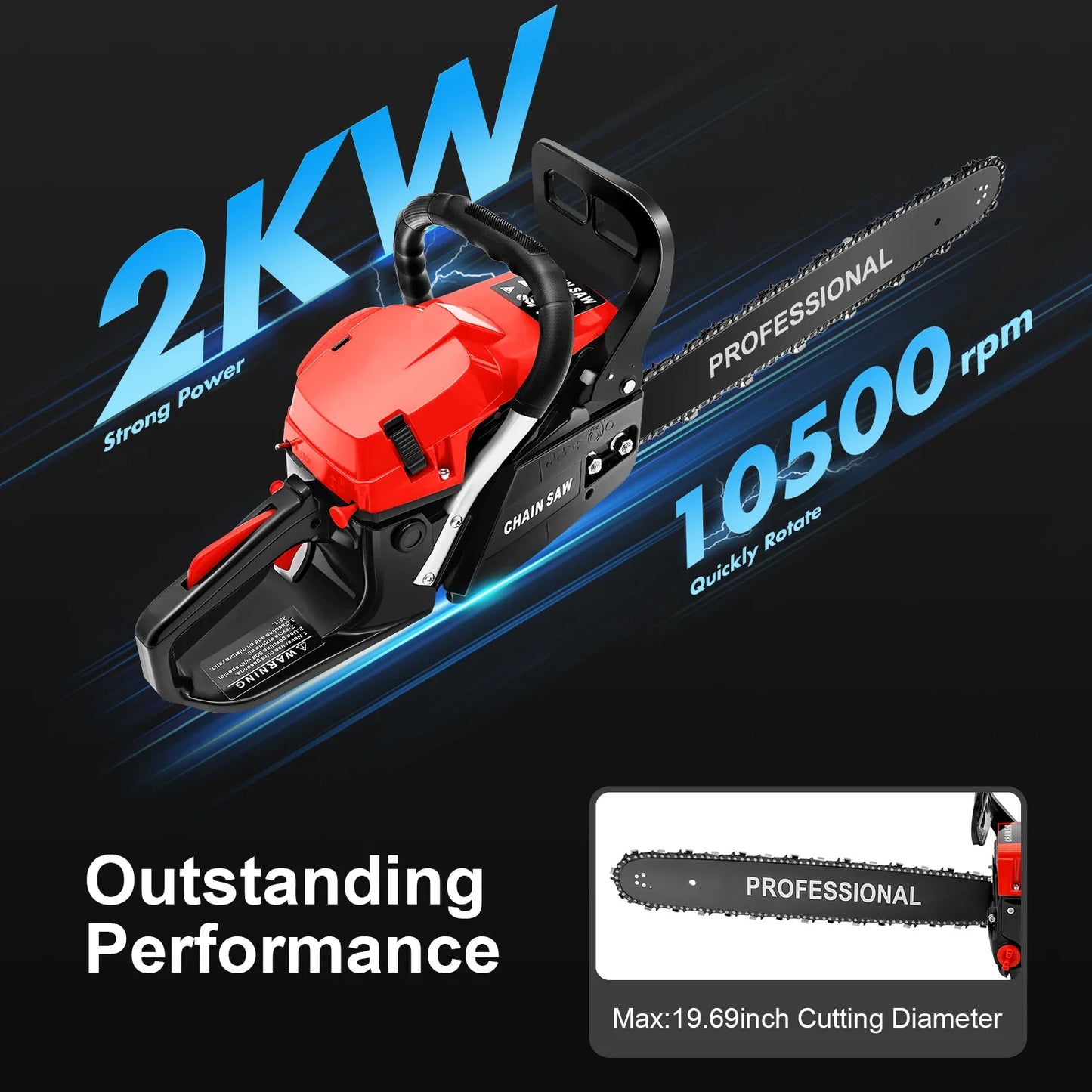 Gasoline Chain Saw, 58cc 2-Stroke Engine, 20-Inch Chain, 3.6HP, High Efficiency, Lightweight Design, Ergonomic Handle for Easy