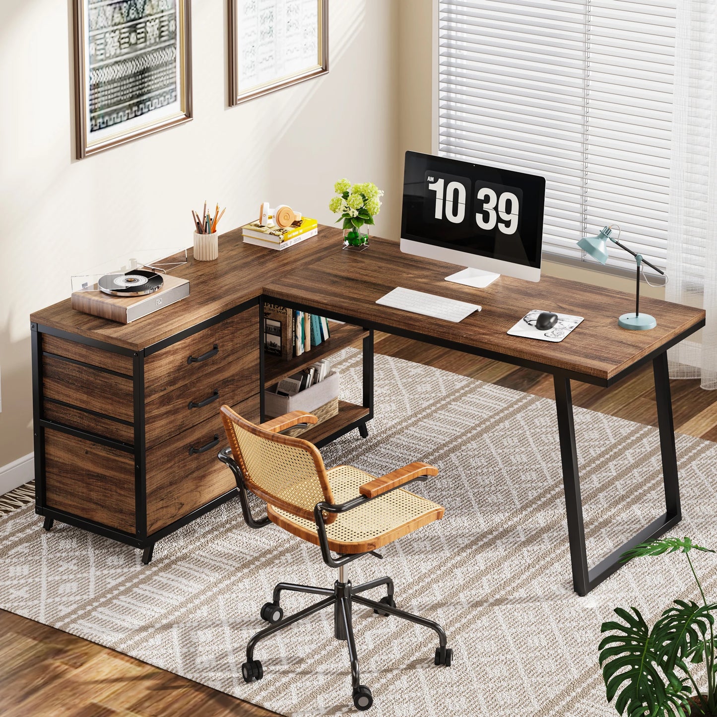 L-Shaped Computer Desk with 3 Reversable Side Drawers