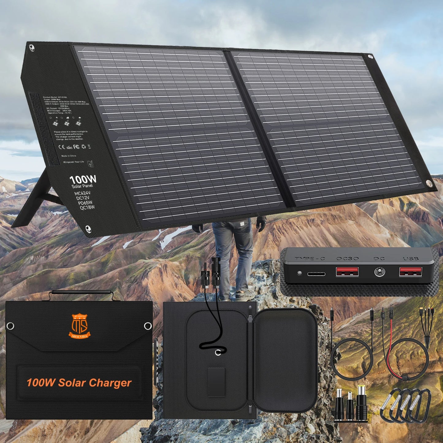100W Portable Solar Panel, 5 Ports Solar Charger with 24V MC4 Port, DC(12V)/ USB-C ( PD65W) / 2*USB-A (QC 3.0), Solar Panel Cha