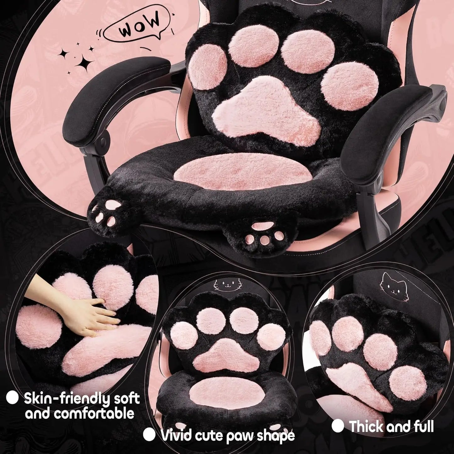 Pink Gaming Chair with Cat Ears and Paw Lumbar Cushion Ergonomic Computer Chair with Footrest Reclining PC Game Chair for Adults and Girls