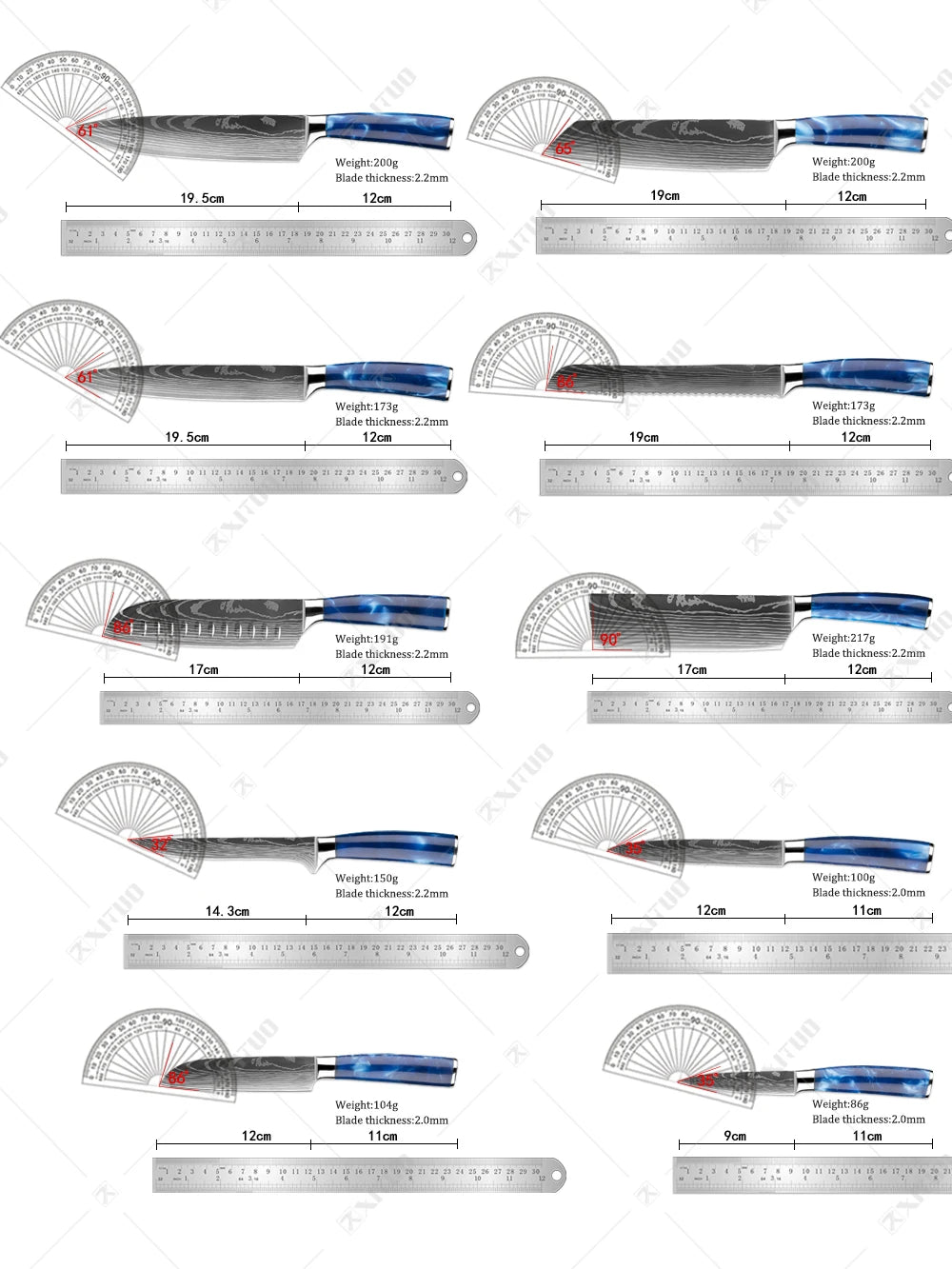 Stainless Steel Kitchen Knife 8PCS Set Blue Resin Handle Sharp Slicer Cleaver knife Damascus Laser Pattern With Knife Holder
