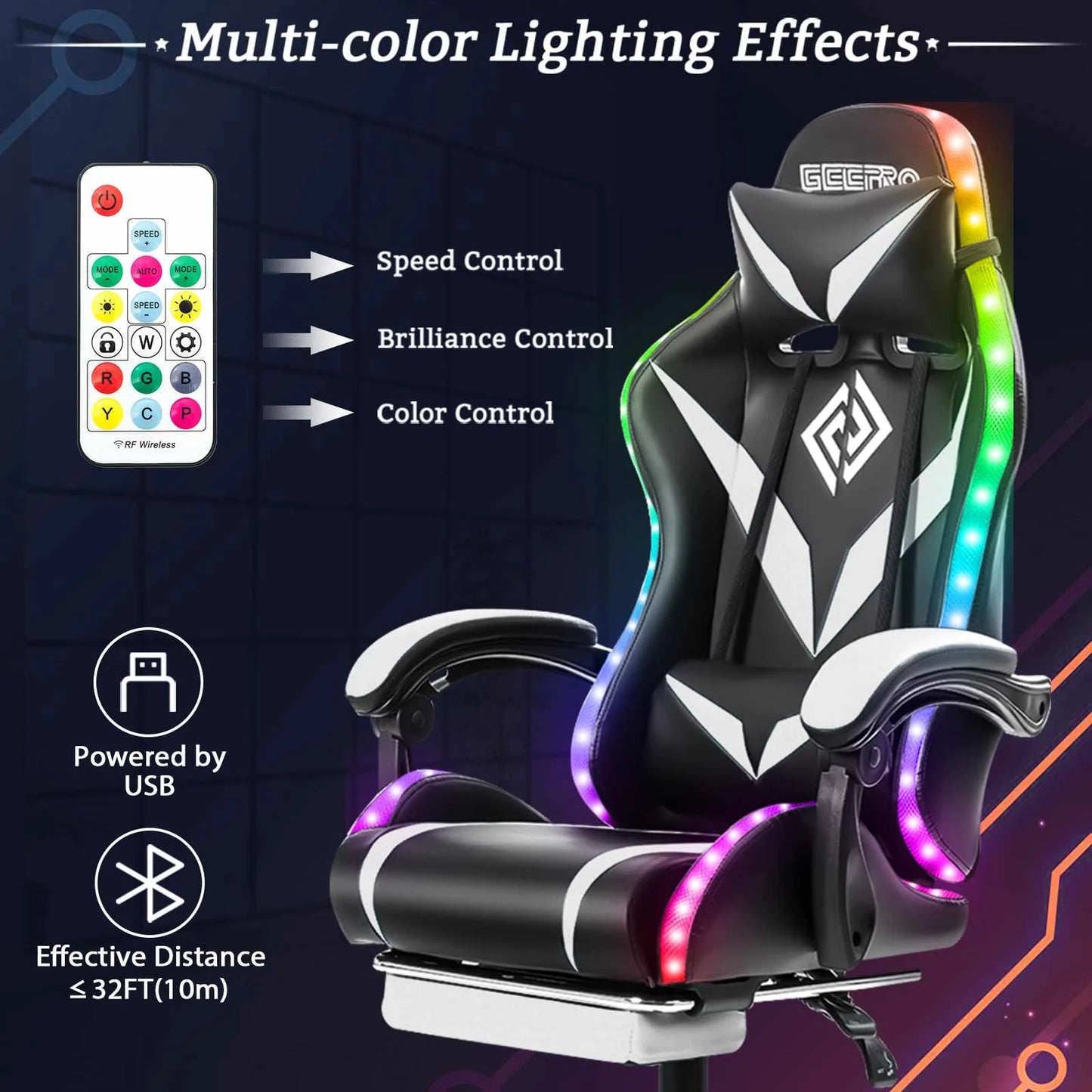 135 Degrees Gaming Chair with RGB Lights Bluetooth Speaker Ergonomic Swivel Recliner with 2 Point Massage