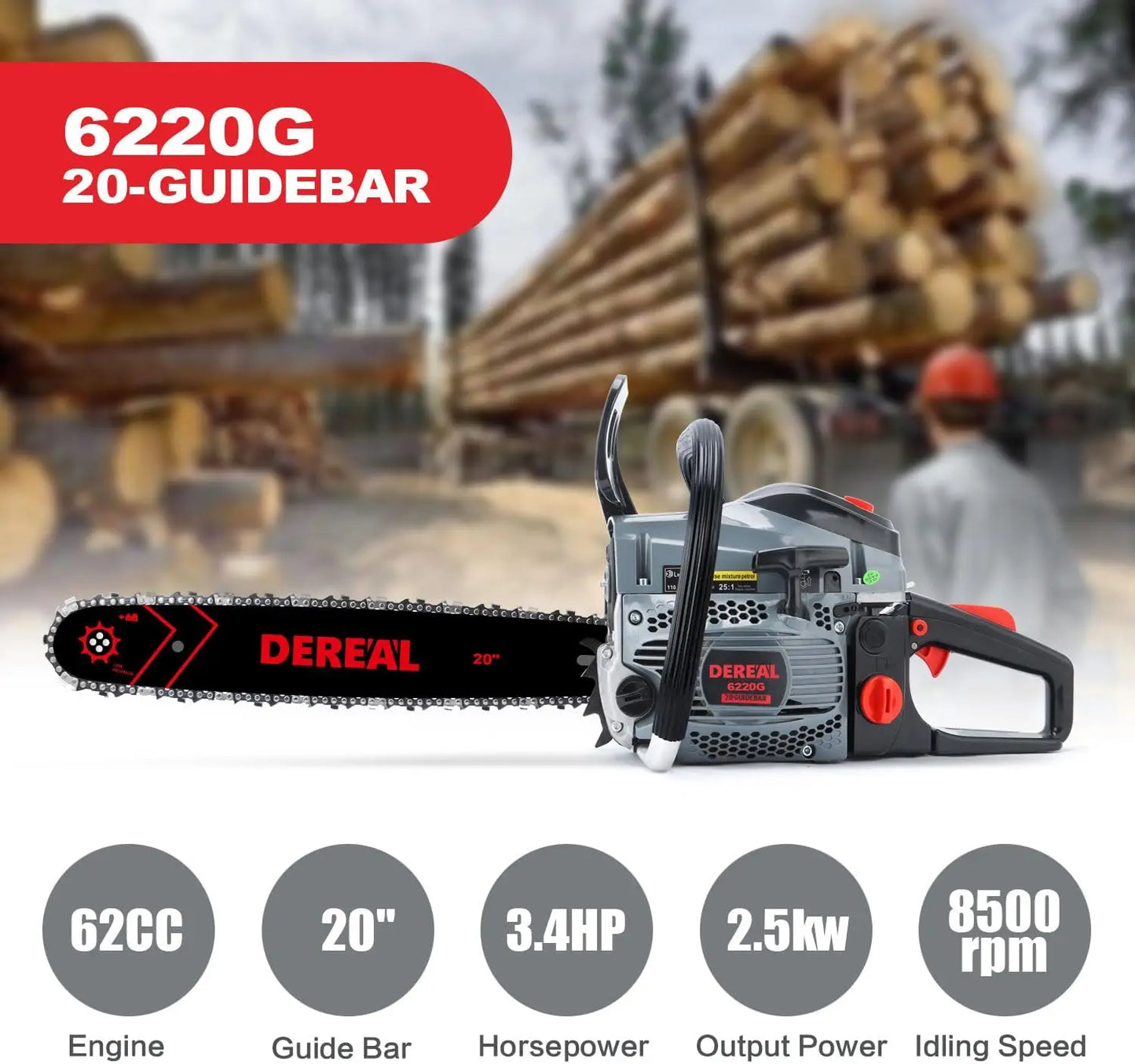 Gas Powered Chainsaw 20IN 6220G 62CC 2-Cycle Gas Powered Chainsaw Handheld Cordless Petrol Gasoline Chain Saw for Farm, Garden a