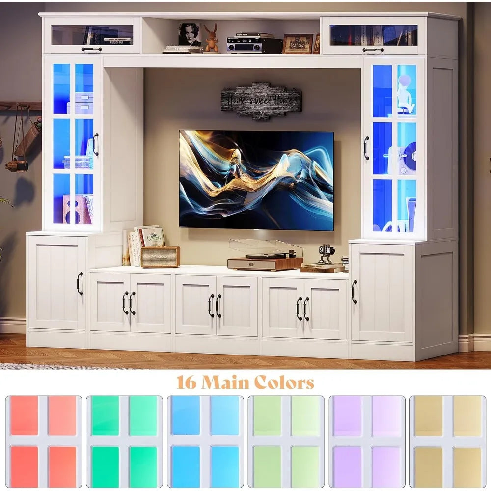 98" W Wall Unit TV Stand with Storage for TVs up to 80", Modern TV Console with LED Lights, Entertainment Center
